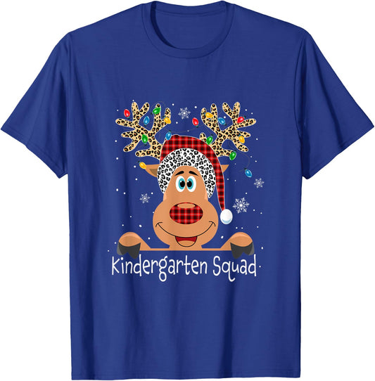 Kindergarten Squad Plaid Reindeer Santa Hat Teacher Xmas T-Shirt - T-Shirt | Royal