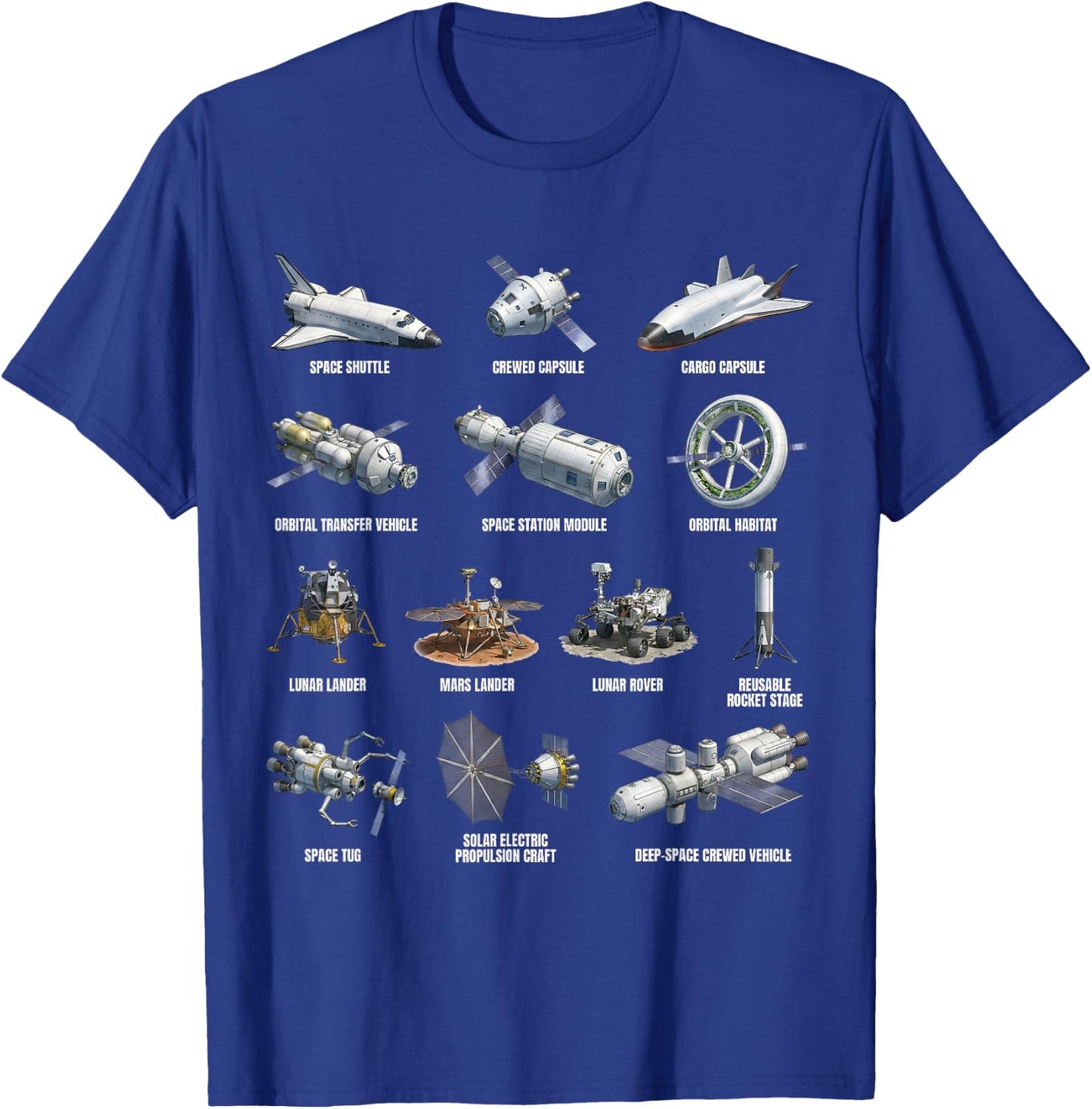 Types of Spacecraft Space Exploration Astronomy Science T-Shirt - T-Shirt | Royal