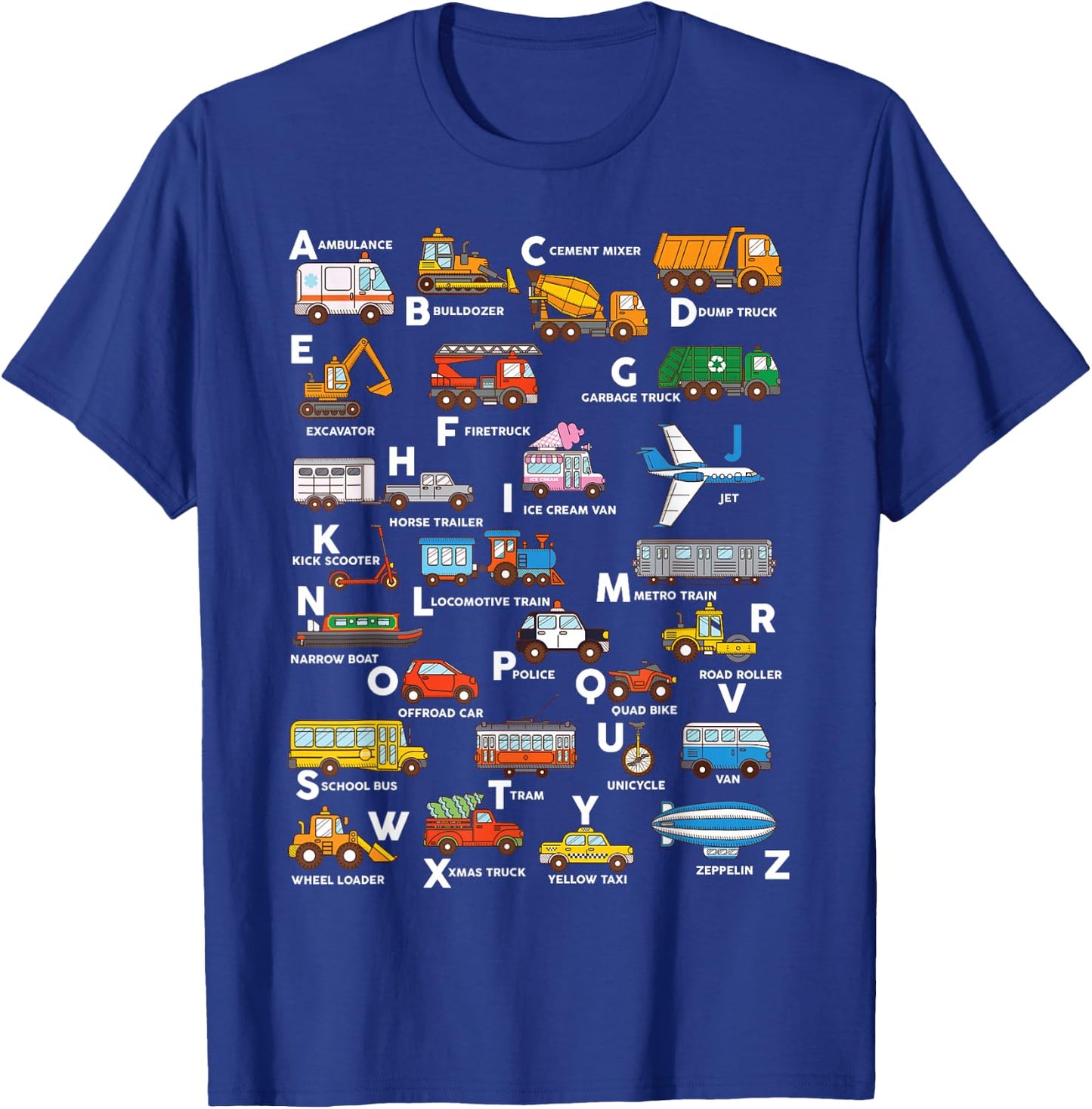 Alphabet Vehicles ABCs Learning Teachers Kids Boys Girls T-Shirt - T-Shirt | Royal