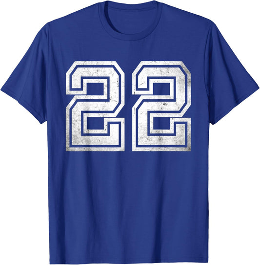 Distressed Number #22 Sport White Varsity Number T-Shirt - T-Shirt | Royal