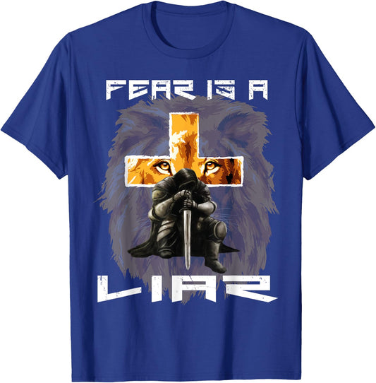Fear Is a Liar Lion Judah Christian Religious Cross Graphic T-Shirt - T-Shirt | Royal
