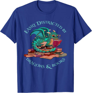 Cute Dragon Book - Easily Distracted By Dragons And Books T-Shirt - T-Shirt | Royal