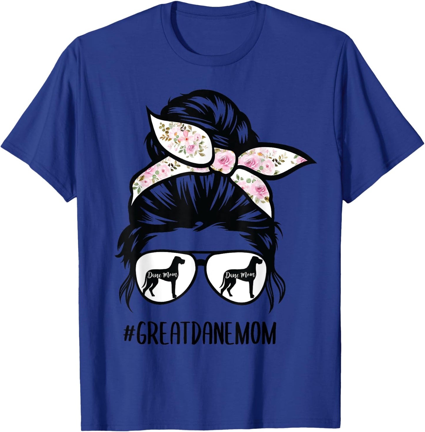 Great Dane Mom messy bun hair glasses T-Shirt - T-Shirt | Royal