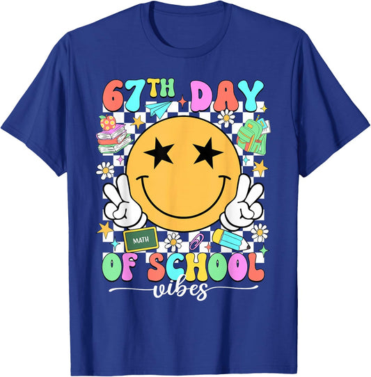 Happy 67th Day of School Vibes Smile Face 67 Days of School T-Shirt - T-Shirt | Royal