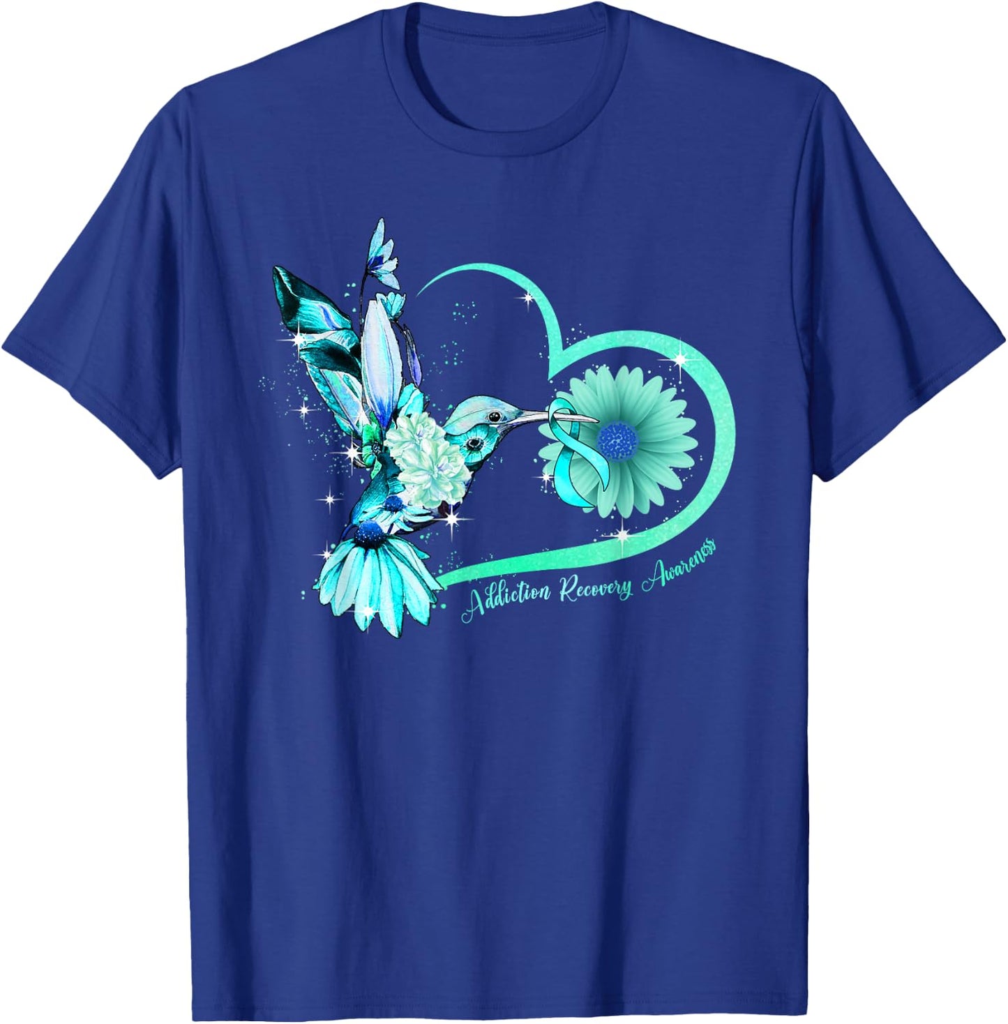 Hummingbird Sunflower Heart Teal Ribbon Addiction Recovery T-Shirt - T-Shirt | Royal