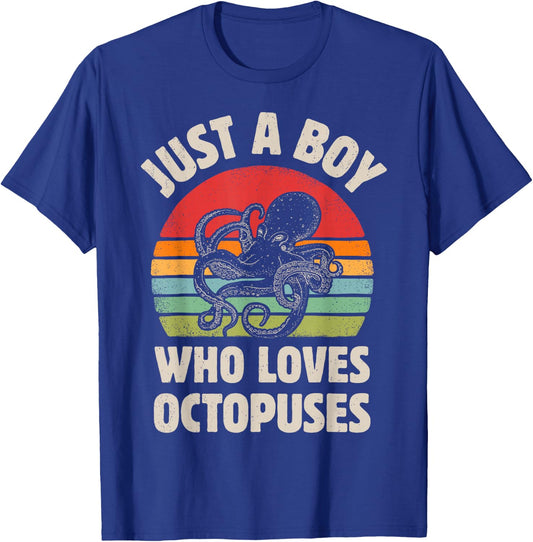 Octopus Just A Boy Who Loves Sea Animals Men Retro Vintage T-Shirt - T-Shirt | Royal