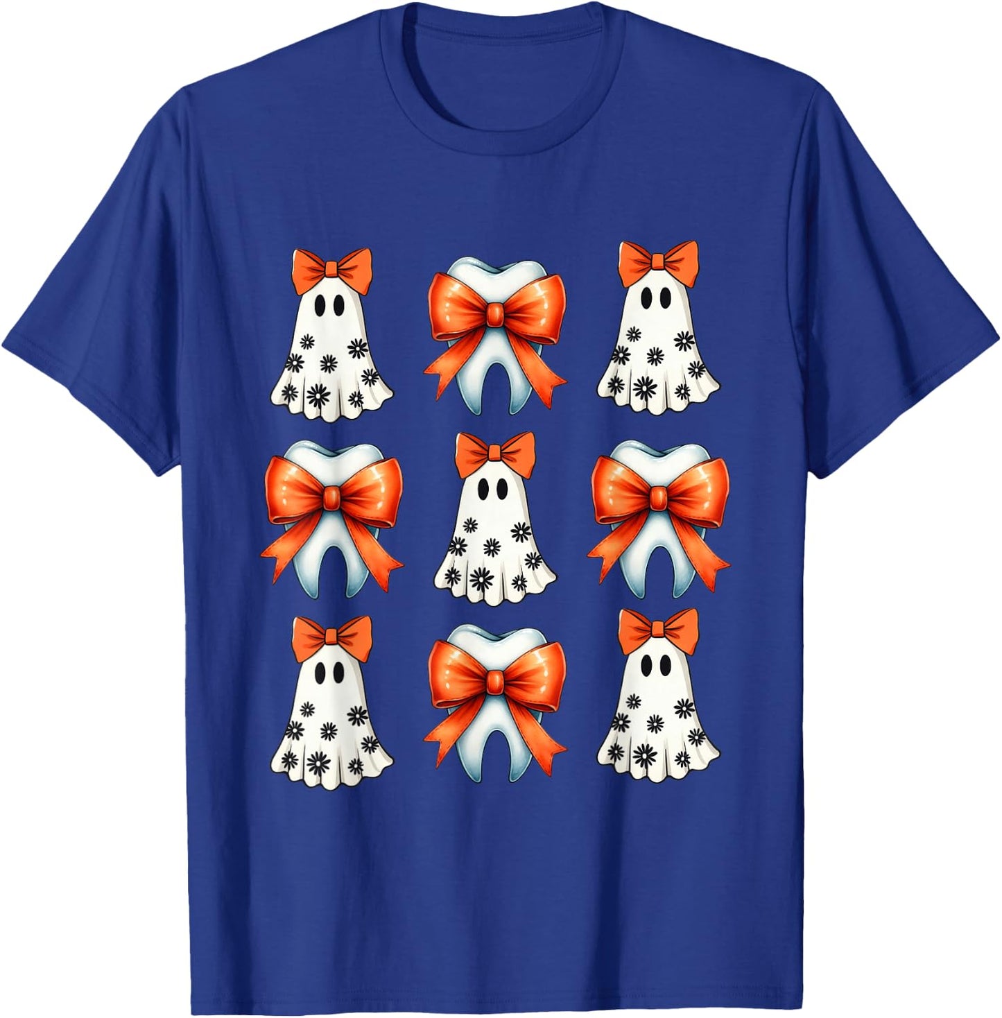 Coquette Tooth Ghost Groovy Retro Halloween Cute Dentist T-Shirt - T-Shirt | Royal