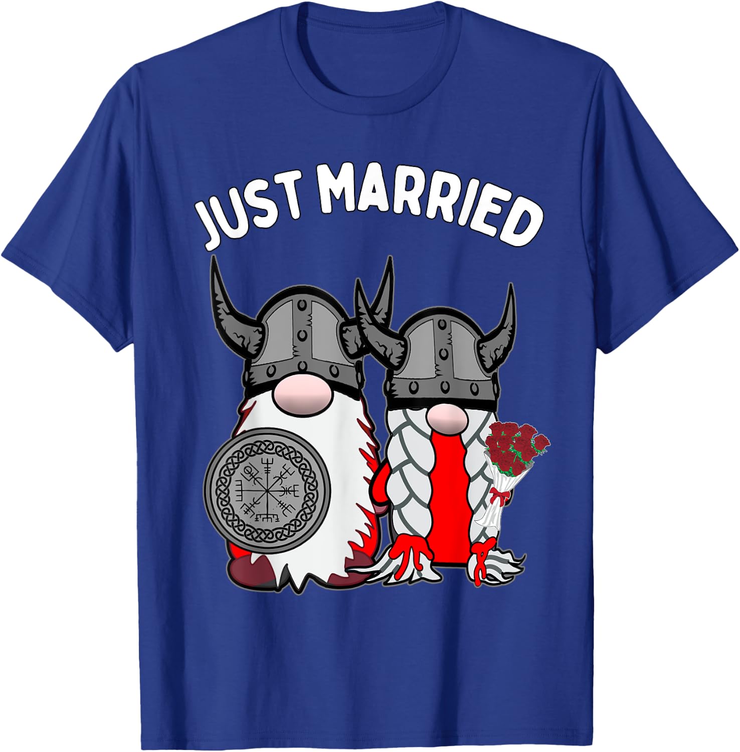 Just Married Nordic Gnome Viking Tomte Couple Wedding T-Shirt - T-Shirt | Royal