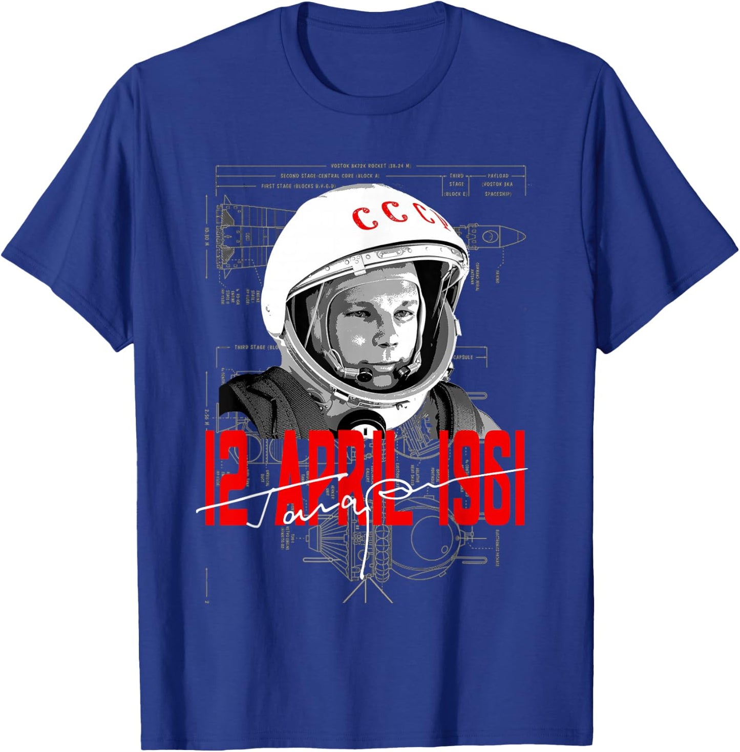 65th Anniversary of Gagarin Cosmonautics Space Astronomy T-Shirt - T-Shirt | Royal