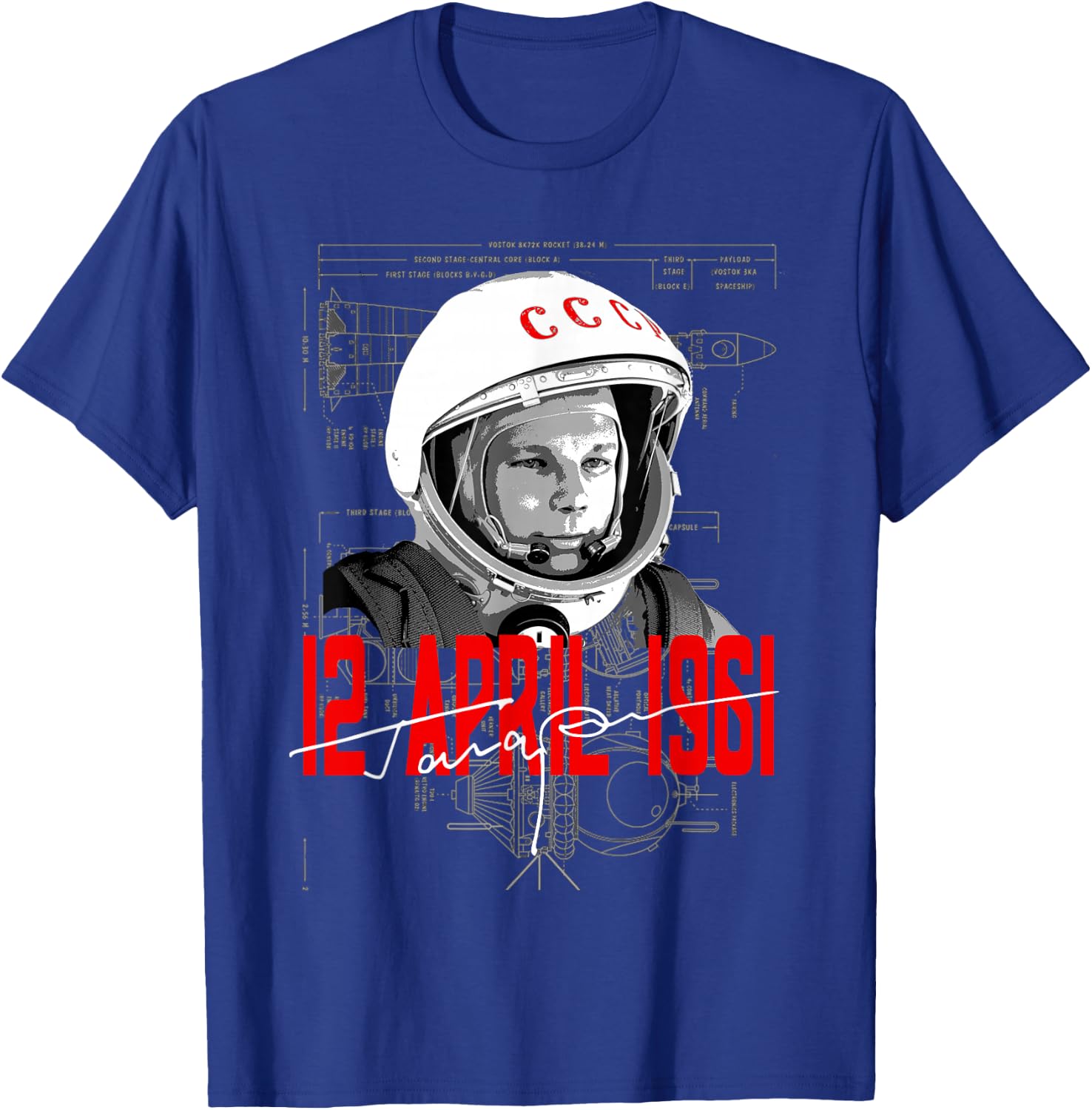 65th Anniversary of Gagarin Cosmonautics Space Astronomy T-Shirt - T-Shirt | Royal