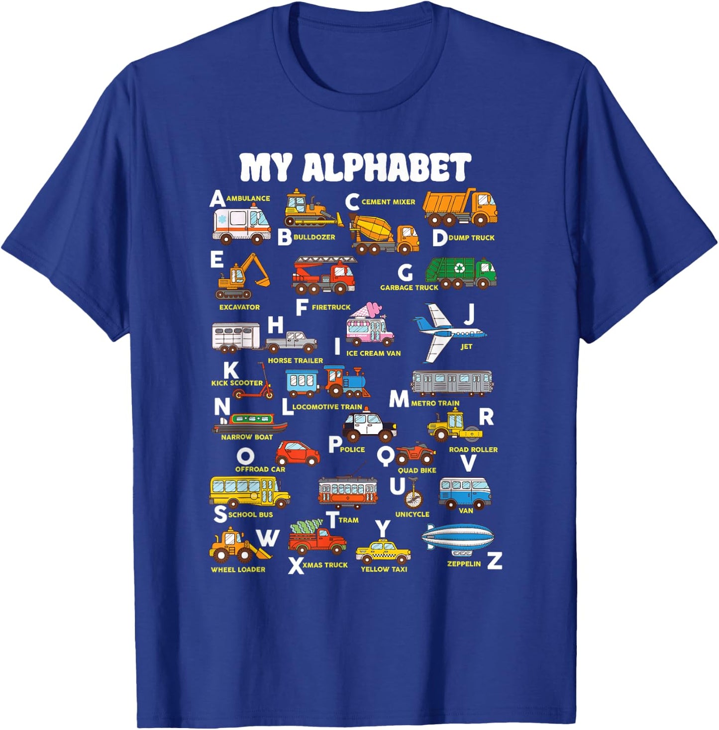 Alphabet Transport Learning ABC Car Bus Truck Educational T-Shirt - T-Shirt | Royal