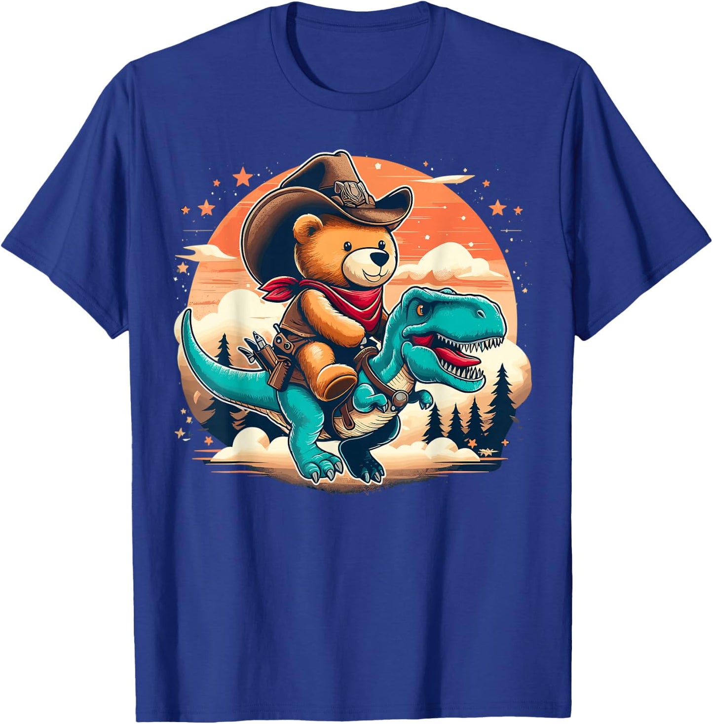 Teddy Bear Cowboy Riding Baby T-Rex Dinosaur Funny Western T-Shirt - T-Shirt | Royal