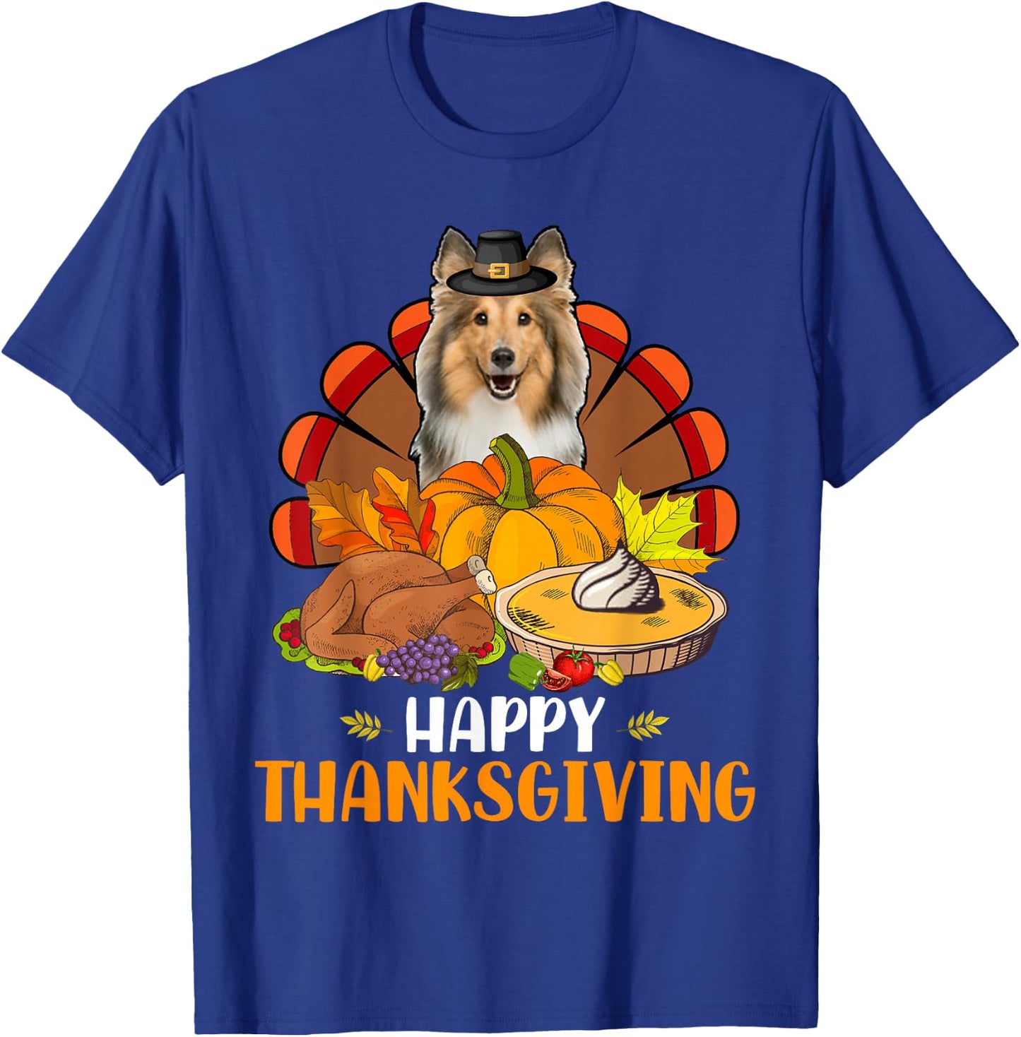Thanksgiving Turkey Sheltie Dog Eating Dinner Family Lover T-Shirt - T-Shirt | Royal