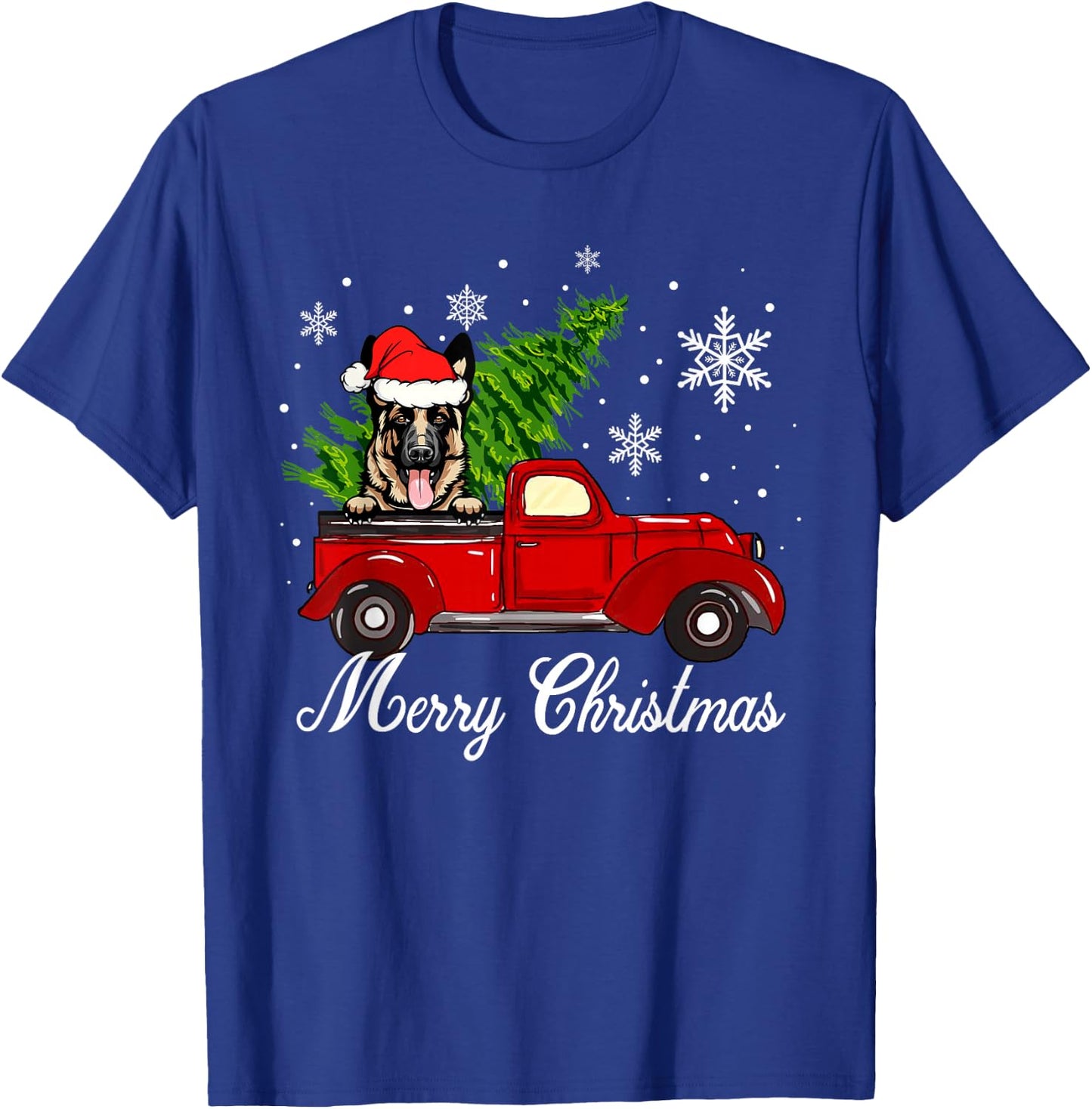 German Shepherd Dog Riding Red Truck Christmas Decorations T-Shirt - T-Shirt | Royal