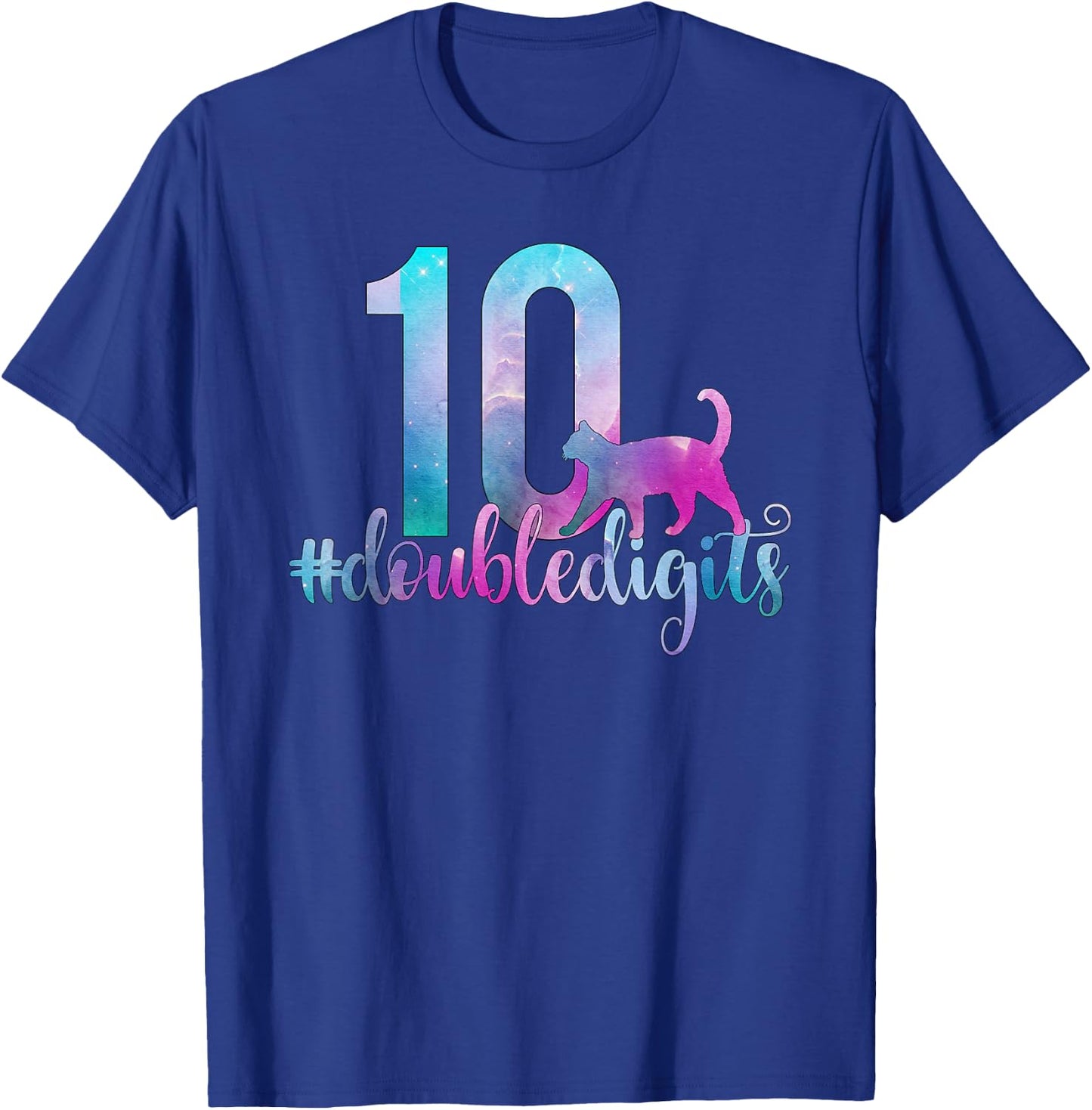 10th Birthday Girl Double Digits Girls Ten 10 Galaxy Cat T-Shirt - T-Shirt | Royal
