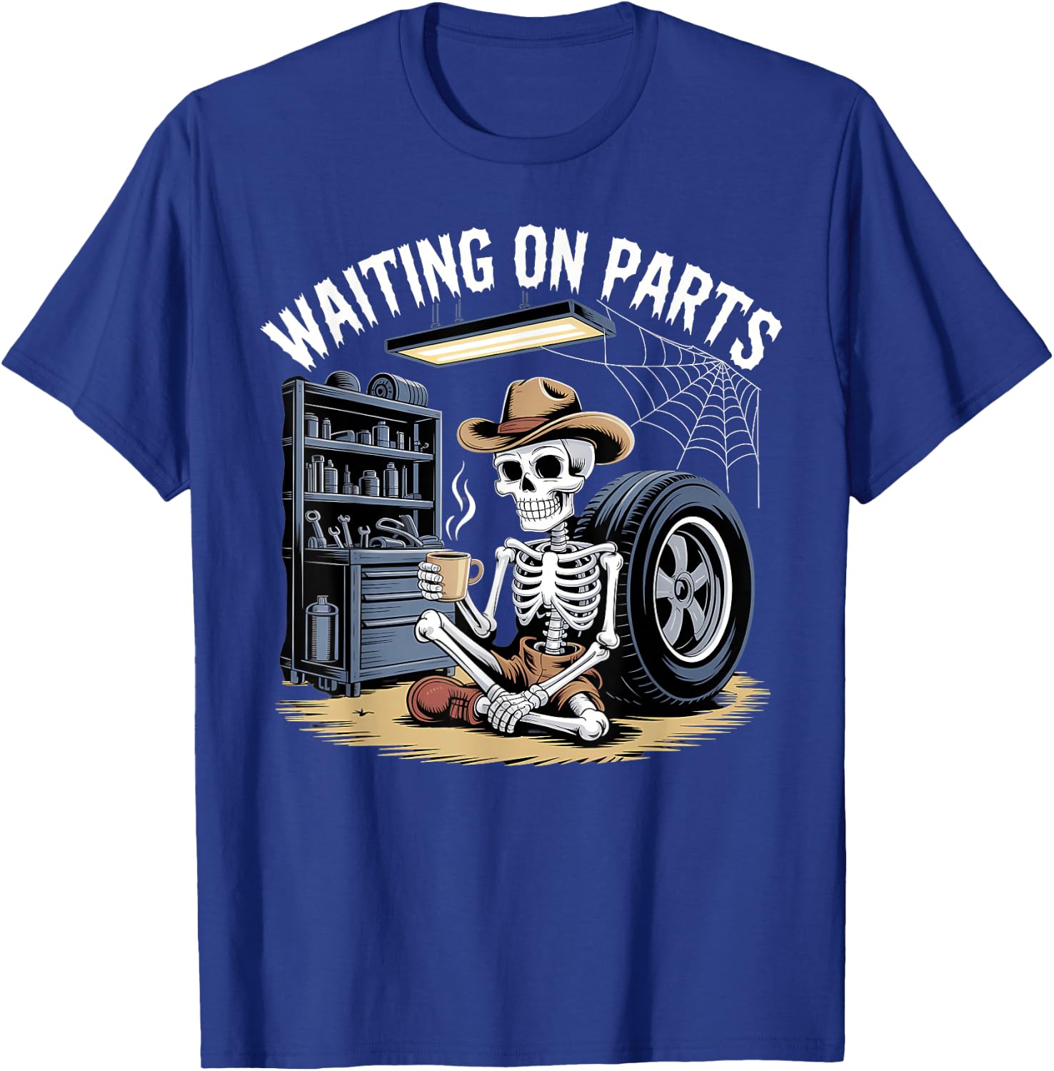Waiting On Parts Funny Auto Repair Mechanic Skeleton T-Shirt - T-Shirt | Royal