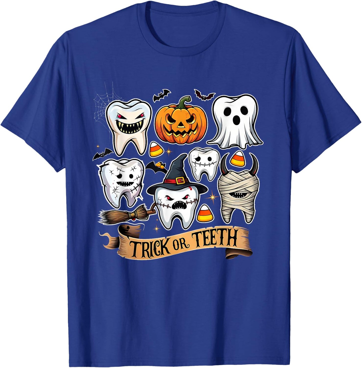 Trick or Teeth Funny Halloween Dentist Tooth Design T-Shirt - T-Shirt | Royal