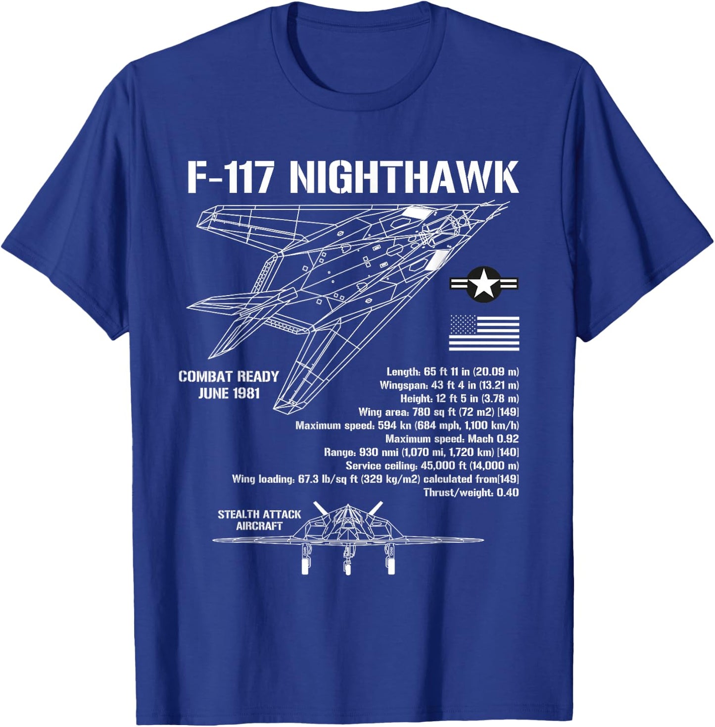 F117 Stealth Nighthawk Specs Military Aircraft F117 T-Shirt - T-Shirt | Royal