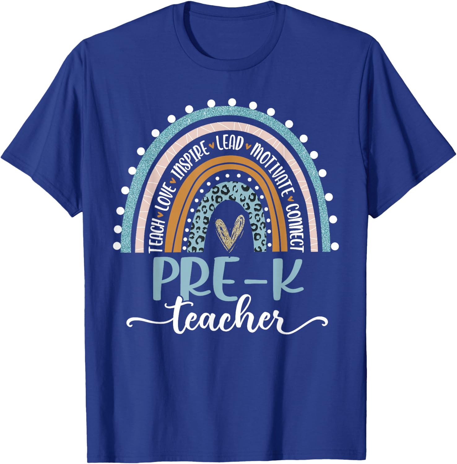 Pre-K Teacher Leopard Boho Rainbow Back to School T-Shirt - T-Shirt | Royal