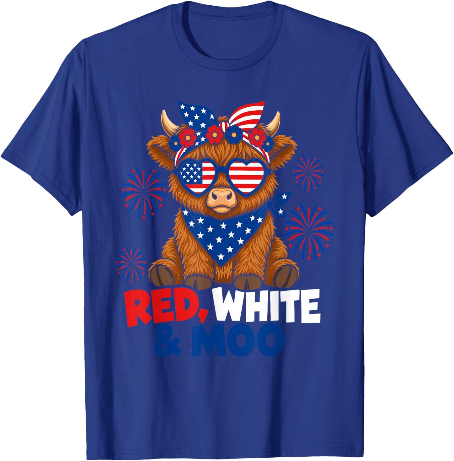 Patriotic Moo Highland Cow Fourth of July American Flag Star T-Shirt - T-Shirt | Royal