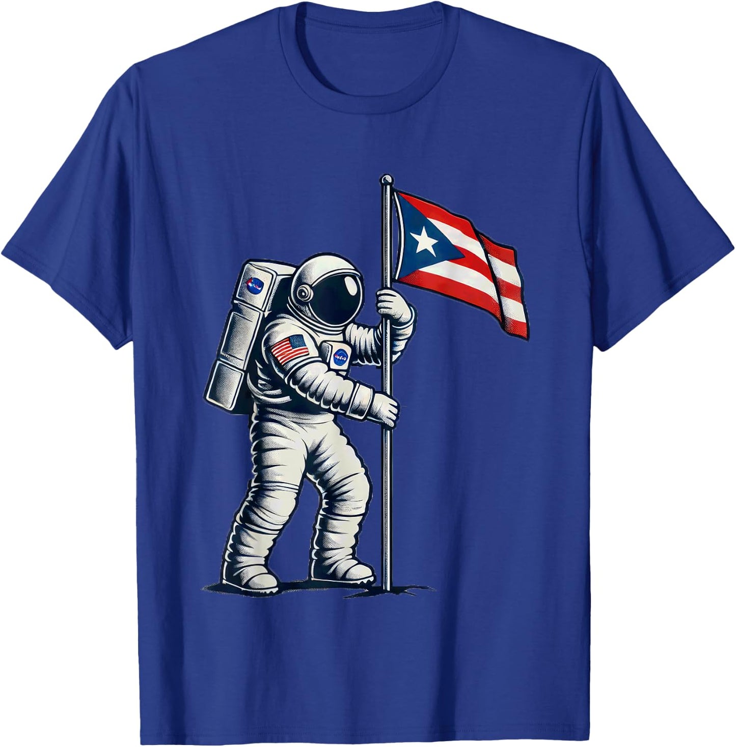 Astronaut Holding Puerto Rican Flag Moon Landing Boricua T-Shirt - T-Shirt | Royal