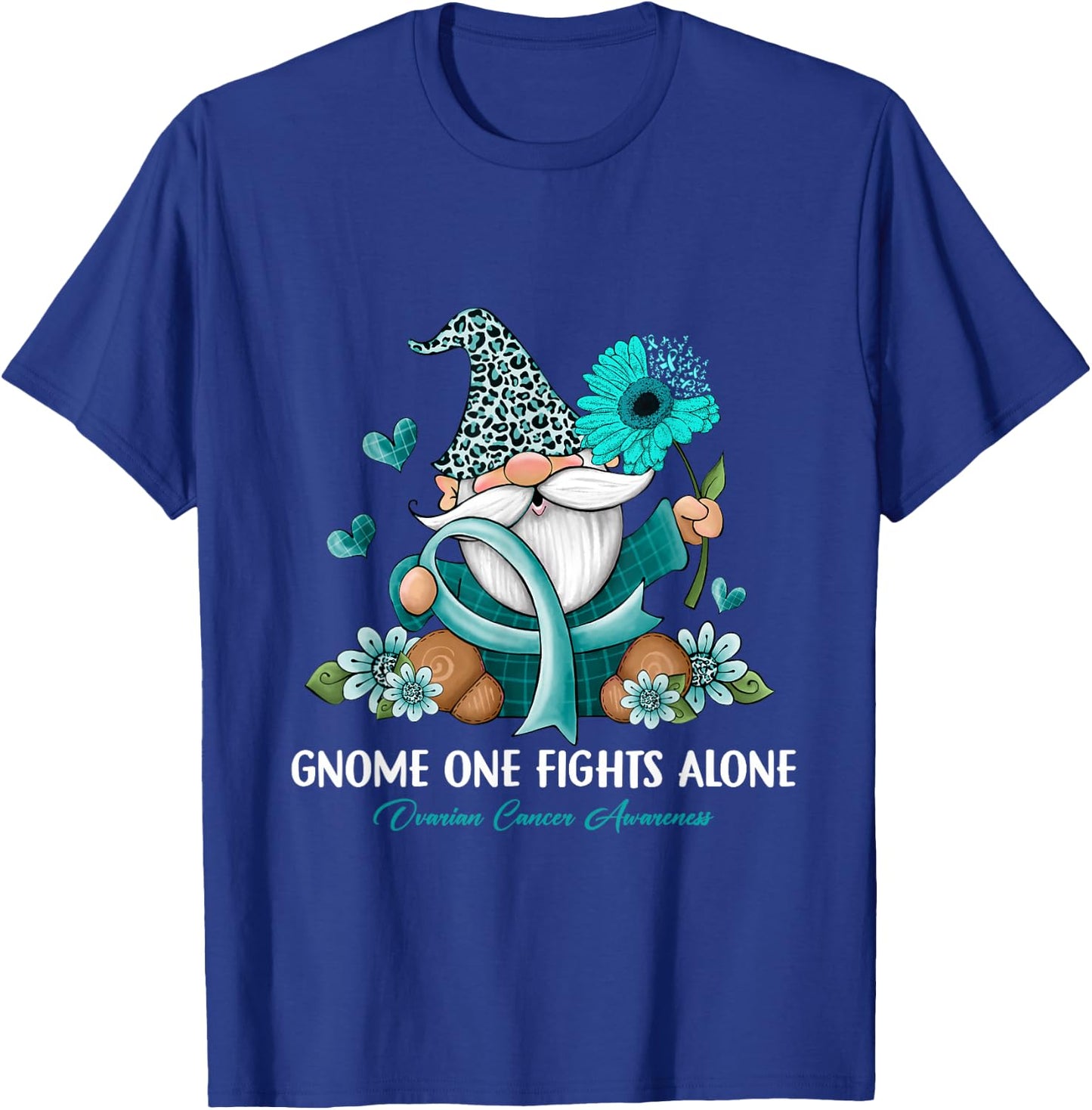Sunflower Gnome One Fights Alone Ovarian Cancer Awareness T-Shirt - T-Shirt | Royal