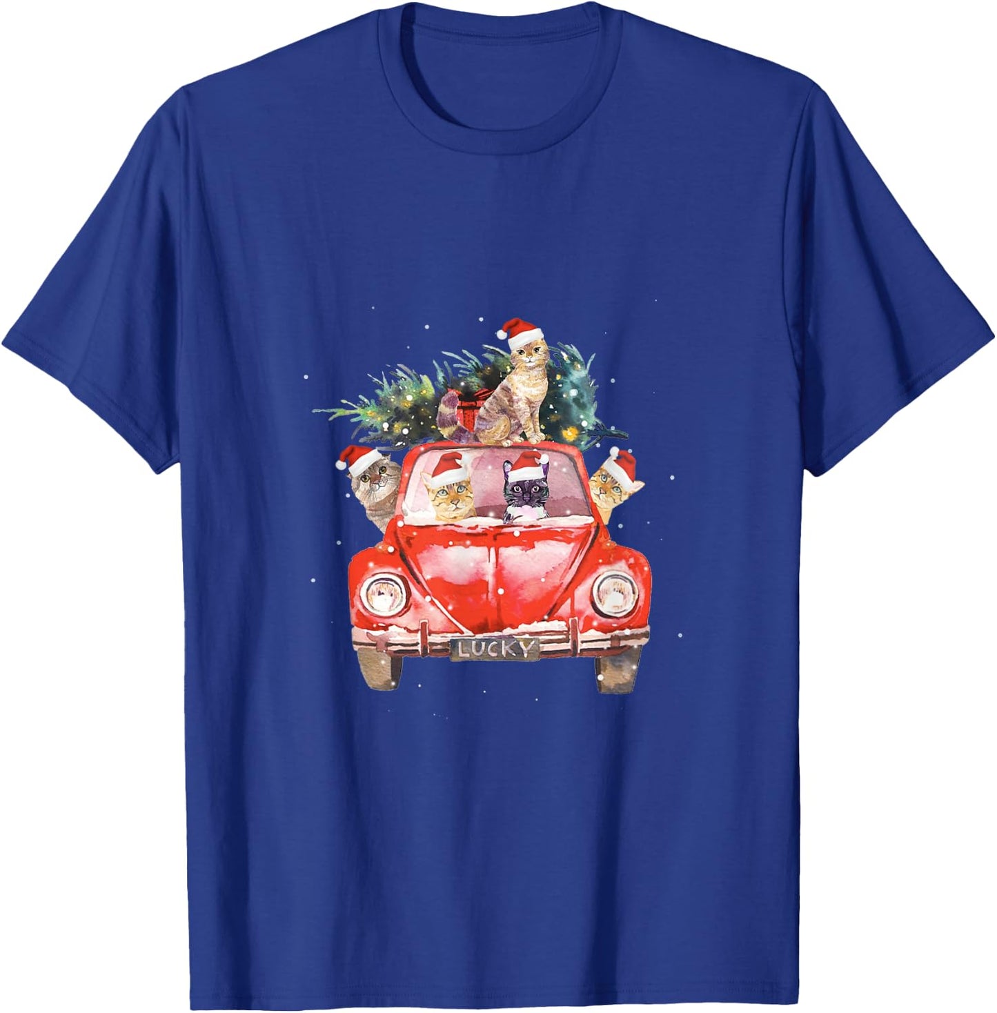Cat Riding Red Truck Christmas Tree Cat Santa Hat Xmas Gift Women Kids T-Shirt - T-Shirt | Royal