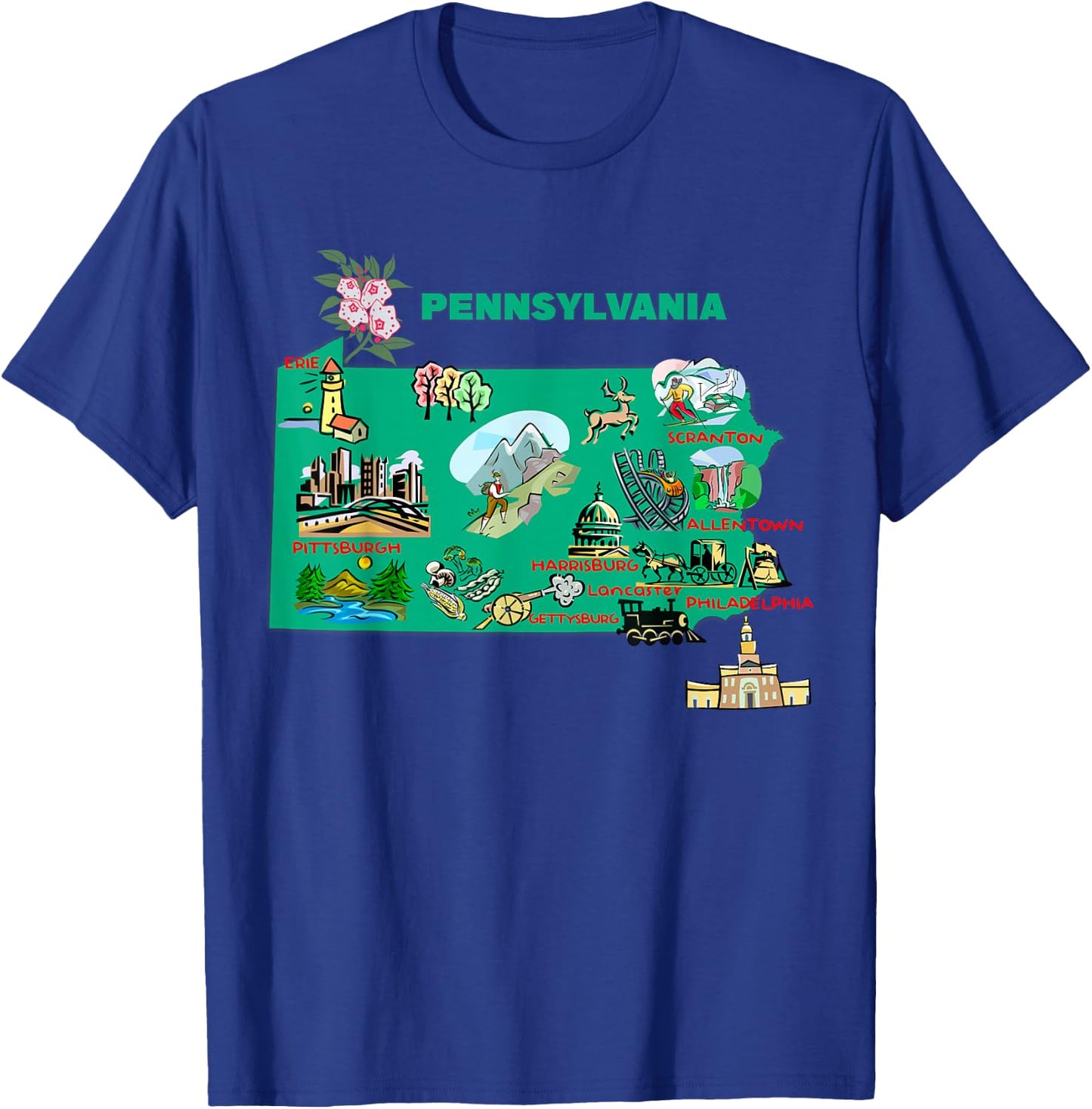 tourism map of Pennsylvania state, USA, major cities, flag T-Shirt - T-Shirt | Royal