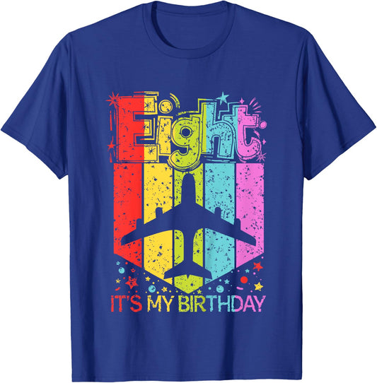 Kids 8th Birthday Boy Girl 8 Year Old Airplane Birthday Pilot T-Shirt - T-Shirt | Royal