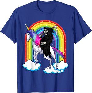 Grim Reaper Skull Riding An Unicorn, Death Unicorn Halloween T-Shirt - T-Shirt | Royal