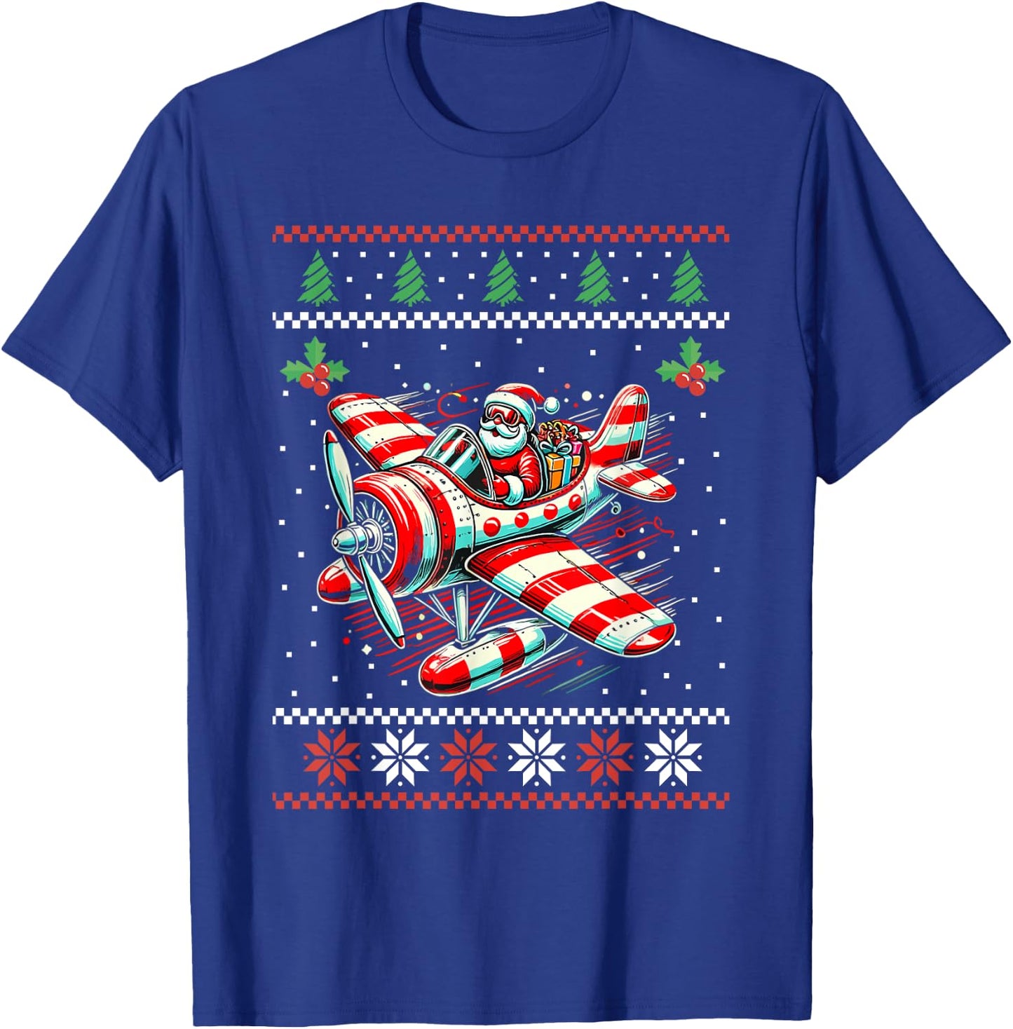 Santa Claus Flying Airplane Ugly Christmas Sweater Xmas T-Shirt - T-Shirt | Royal
