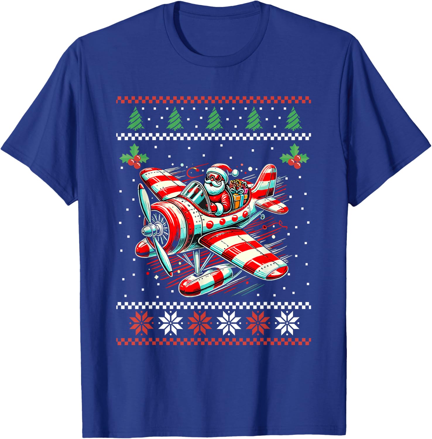 Santa Claus Flying Airplane Ugly Christmas Sweater Xmas T-Shirt - T-Shirt | Royal
