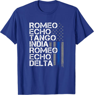 Retired - Thin Blue Line, Phonetic Code, Police Retirement T-Shirt - T-Shirt | Royal