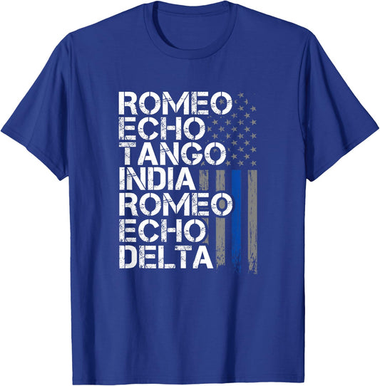 Retired - Thin Blue Line, Phonetic Code, Police Retirement T-Shirt - T-Shirt | Royal