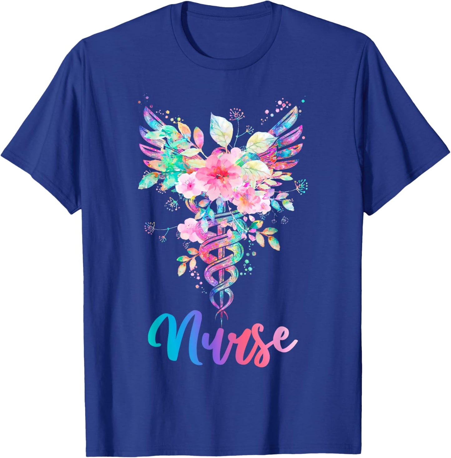 Nurse Watercolor Floral Caduceus T-Shirt - T-Shirt | Royal