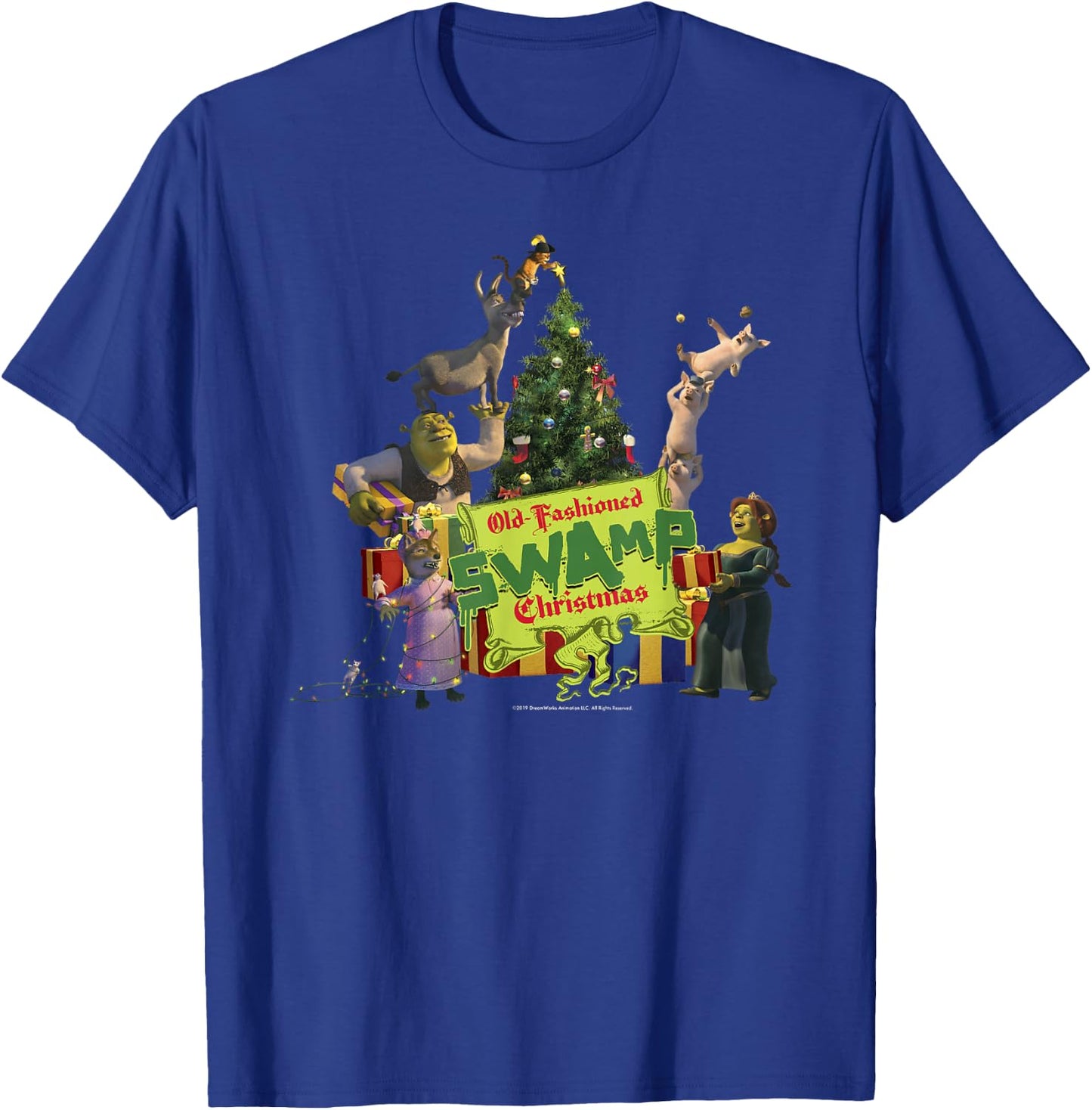 Shrek Group Shot Old-Fashioned Swap Christmas Text Poster T-Shirt - T-Shirt | Royal