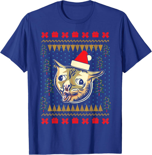 Ugly Christmas Sweater Coughing Cat Meme Men Women Kids T-Shirt - T-Shirt | Royal