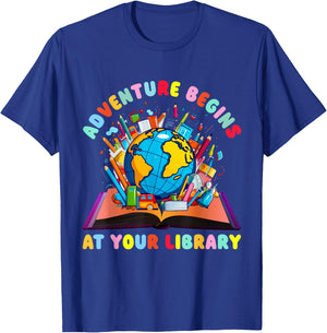 Adventure Begins at your Library Teacher Reading Librarian T-Shirt - T-Shirt | Royal