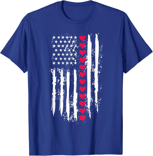 Valentines Day Red Hearts US American Flag Patriotic Lover T-Shirt - T-Shirt | Royal