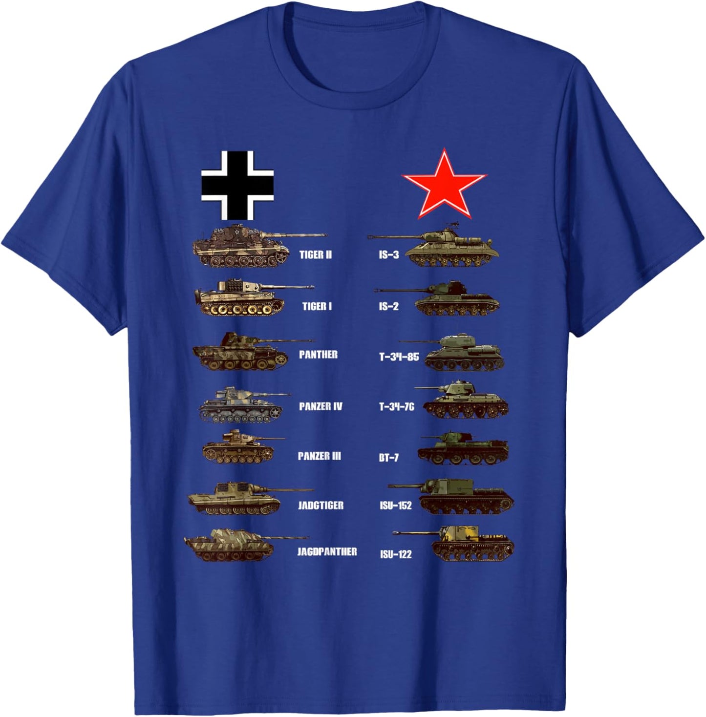 WW2 Tanks German Soviet Tiger I Tiger II IS-3 T-34 T-Shirt - T-Shirt | Royal