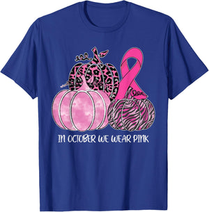 In October We Wear Pink Ribbon Pumpkin Breast Cancer T-Shirt - T-Shirt | Royal