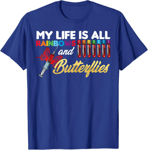 Reaction Glass Butterfly Rainbow Phlebotomy Laboratory Small T-Shirt - T-Shirt | Royal