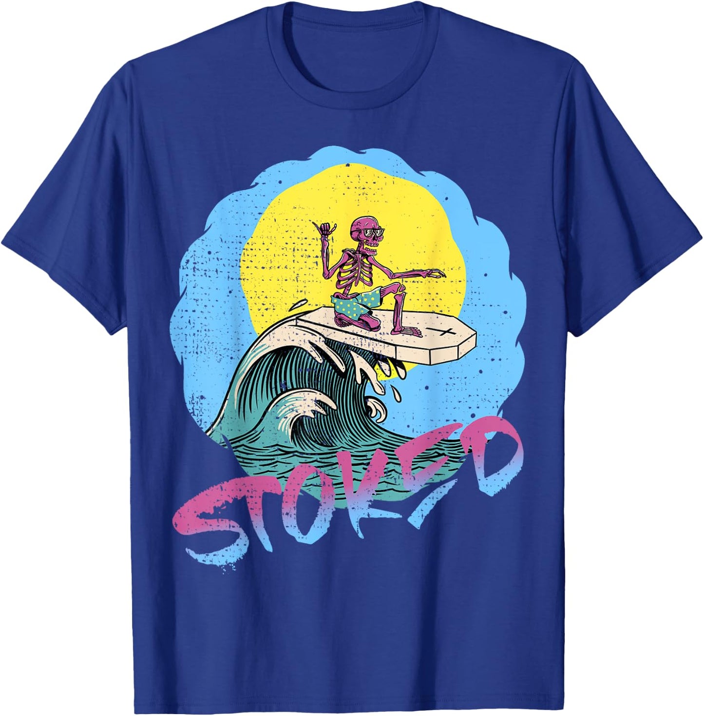 Surfing Skeleton Shaka T Shirts 80s Surf Surfboard T-Shirt - T-Shirt | Royal