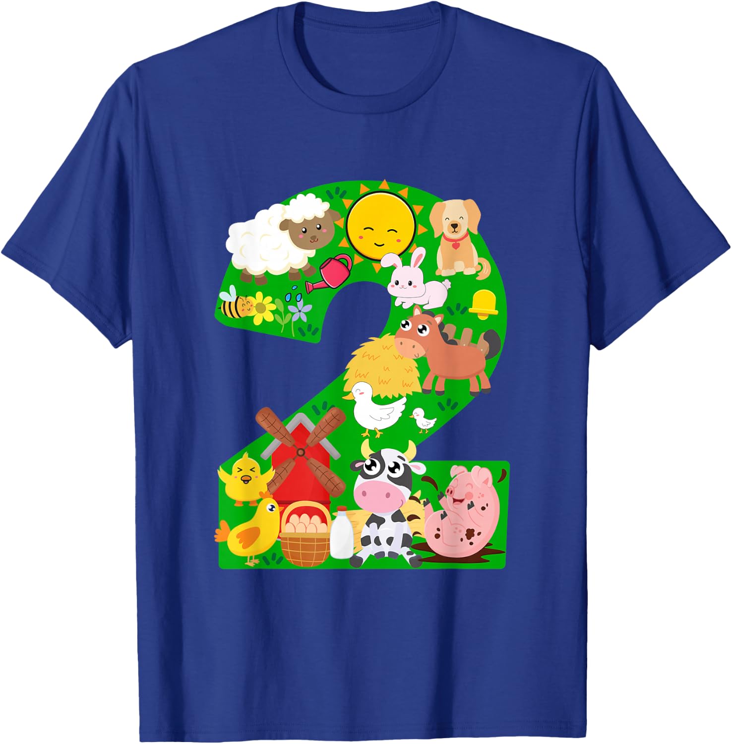 Farm Animals 2 Two Year Old Kids 2nd Birthday Party Farmer T-Shirt - T-Shirt | Royal