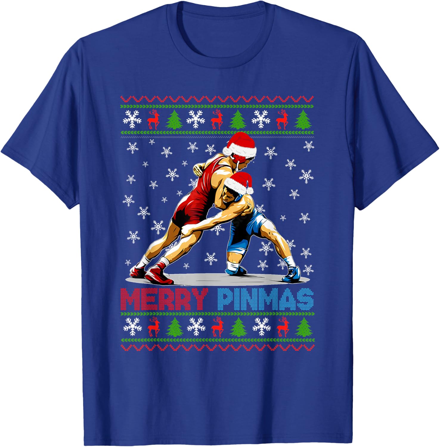 Merry Pinmas Ugly Christmas Santa Claus Wrestling Boys Men T-Shirt - T-Shirt | Royal
