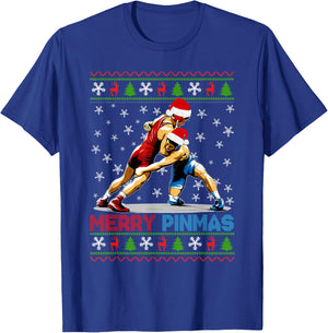 Merry Pinmas Ugly Christmas Santa Claus Wrestling Boys Men T-Shirt - T-Shirt | Royal