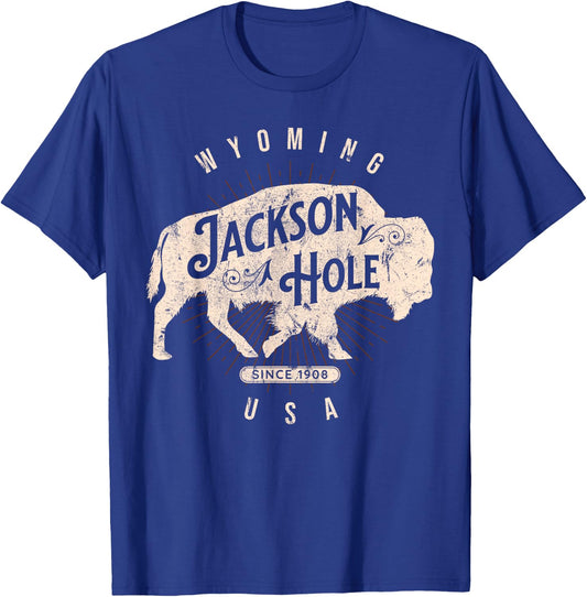Jackson Hole Wyoming Buffalo Nature Outdoors Vintage T-Shirt - T-Shirt | Royal