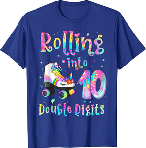 10 Years Old Birthday Girl Rolling Into 10th Double Digits T-Shirt - T-Shirt | Royal
