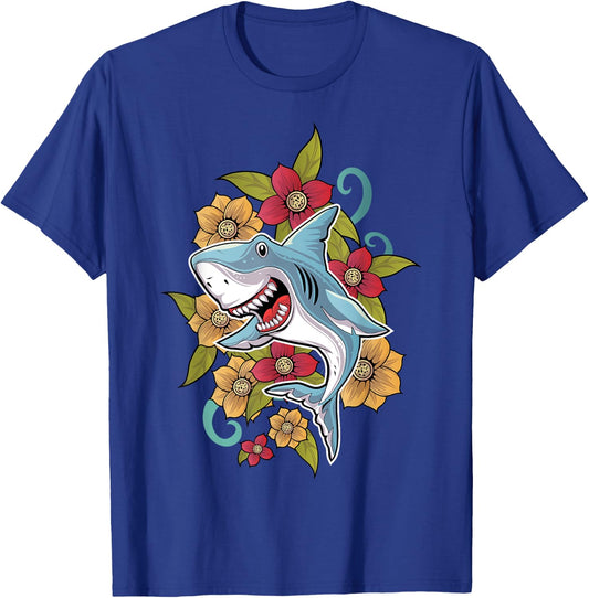Floral Shark Tattoo Traditional Tribal Tattoo Style Art T-Shirt - T-Shirt | Royal