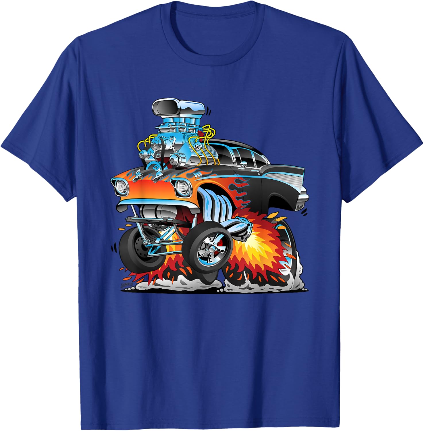 Funny Classic Hotrod Fifties Drag Racing Muscle Car Cartoon T-Shirt - T-Shirt | Royal